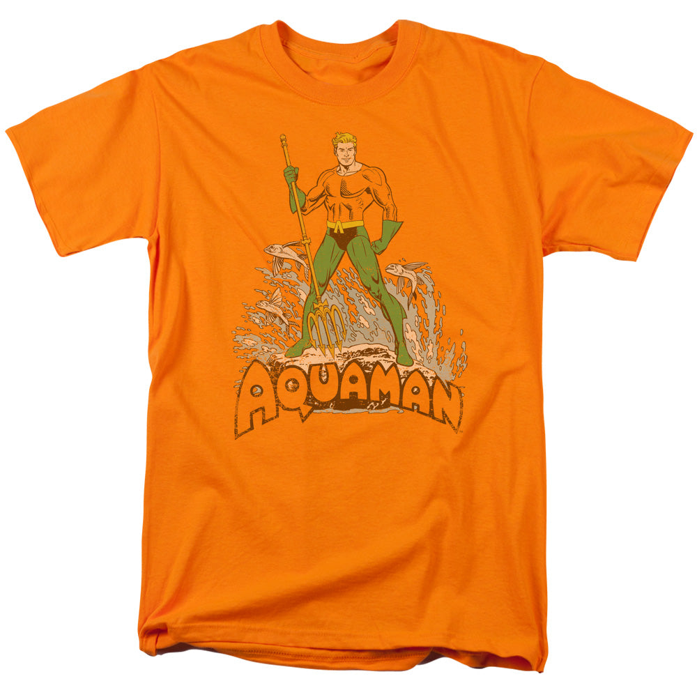 AN OFFCIALLY LICENSED DC AQUAMAN DISTRESSED MEN'S REGULAR FIT T-SHIRT ORANGE