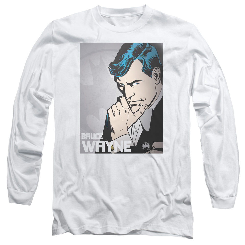 AN OFFCIALLY LICENSED DC BRUCE WAYNE MEN'S LONG SLEEVE T-SHIRT WHITE