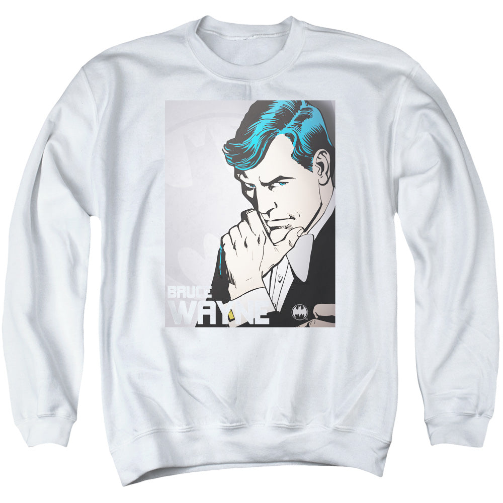 AN OFFCIALLY LICENSED DC BRUCE WAYNE ADULT UNISEX CREWNECK SWEATSHIRT WHITE