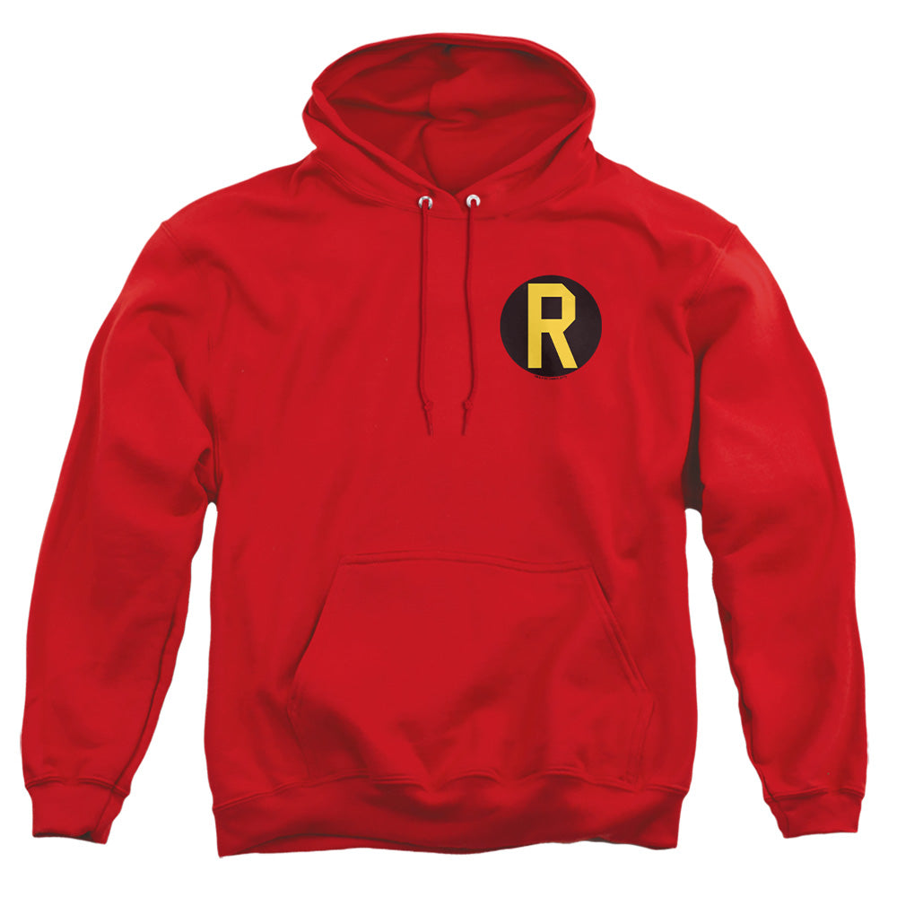 AN OFFCIALLY LICENSED DC ROBIN LOGO ADULT UNISEX PULLOVER HOODIE RED