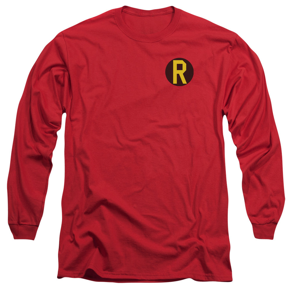 AN OFFCIALLY LICENSED DC ROBIN LOGO MEN'S LONG SLEEVE T-SHIRT RED