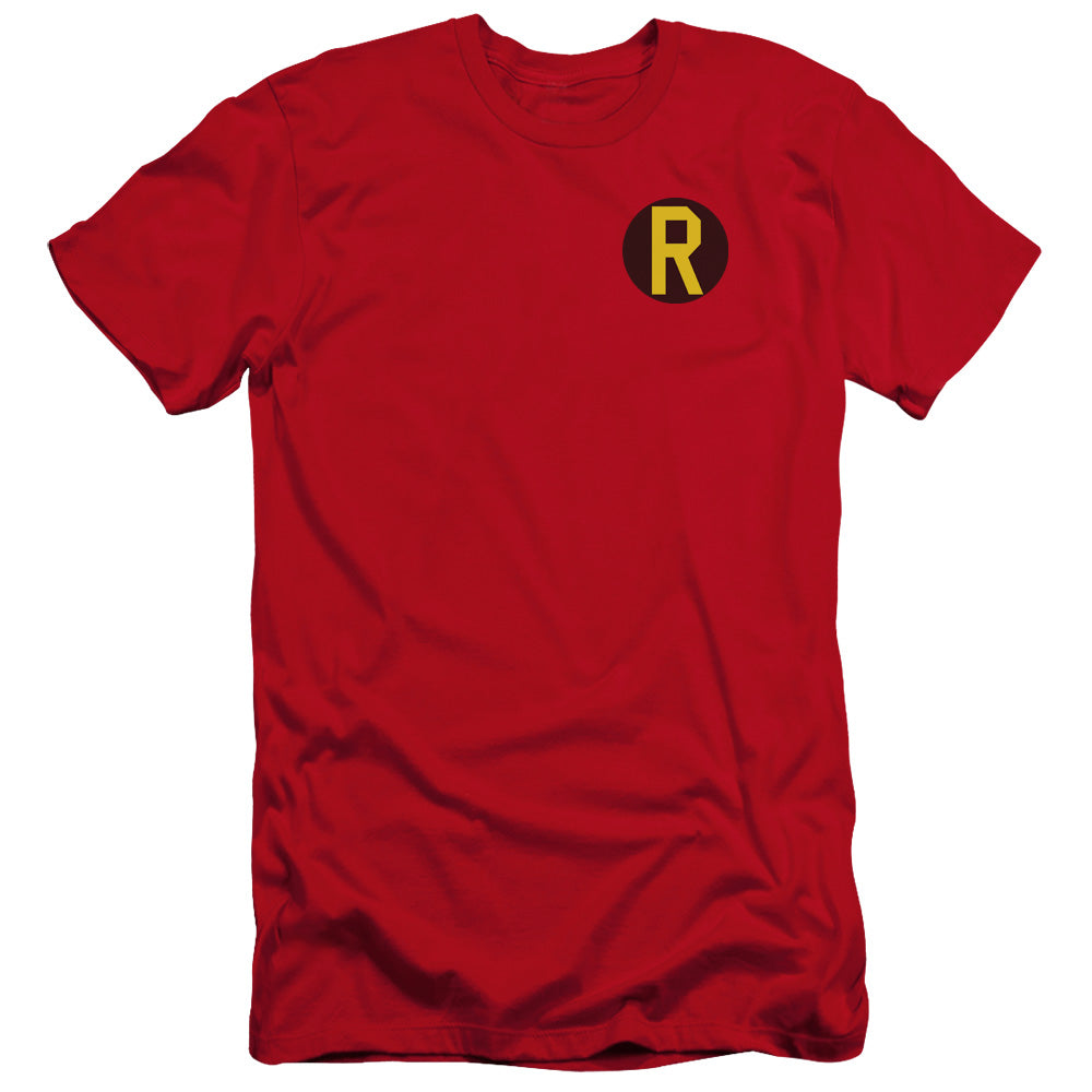 AN OFFCIALLY LICENSED DC ROBIN LOGO MEN'S PREMIUM SLIM FIT T-SHIRT RED