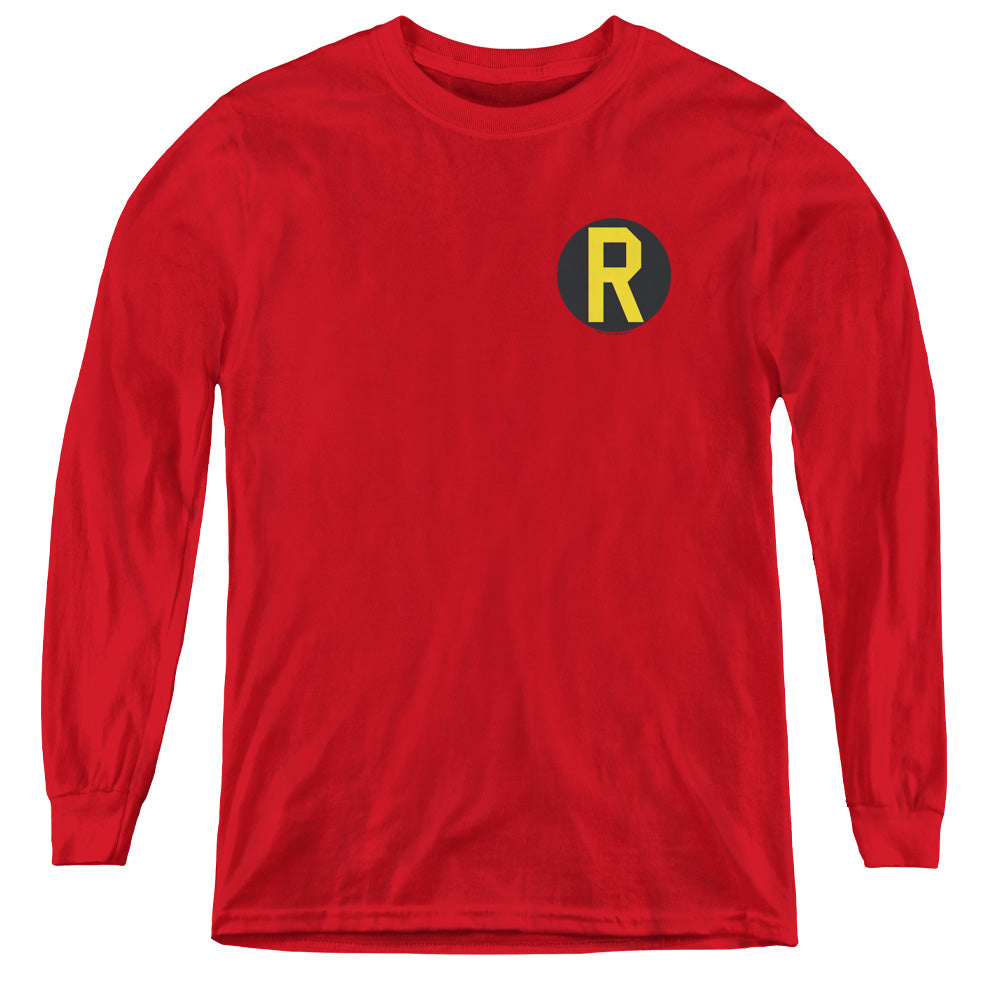 AN OFFCIALLY LICENSED DC ROBIN LOGO YOUTH LONG SLEEVE T-SHIRT RED