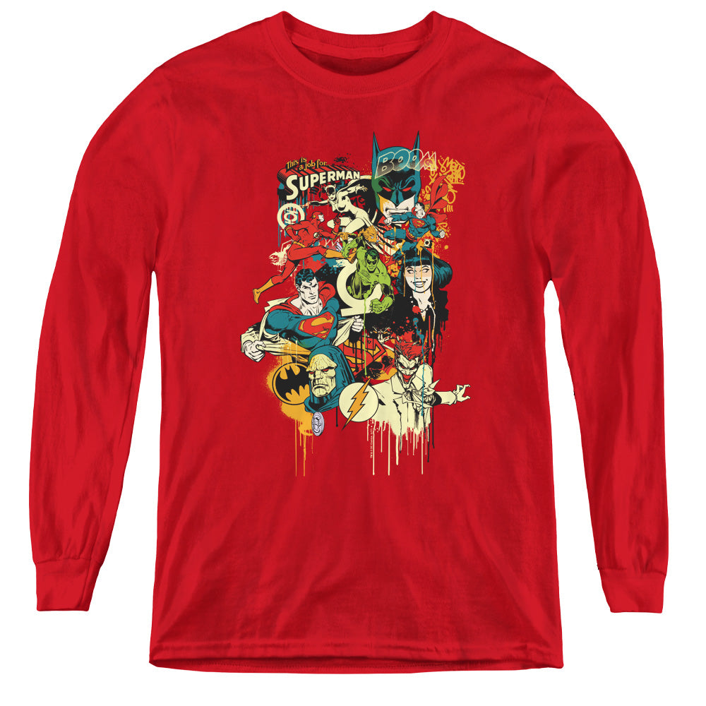 AN OFFCIALLY LICENSED DC DRIPPING CHARACTERS YOUTH LONG SLEEVE T-SHIRT RED