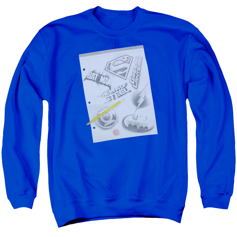 AN OFFCIALLY LICENSED DC LOGO NOTE PAPER ADULT UNISEX CREWNECK SWEATSHIRT ROYAL