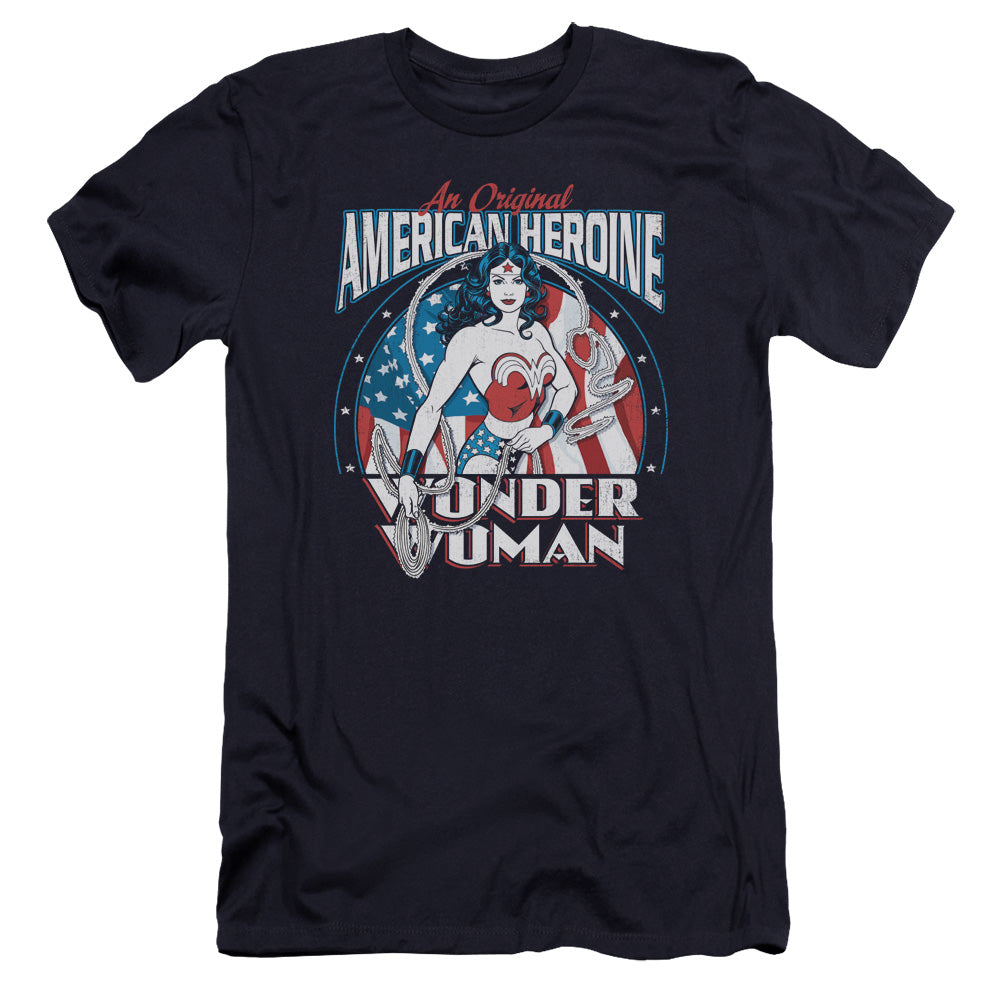 AN OFFCIALLY LICENSED DC AMERICAN HEROINE MEN'S PREMIUM SLIM FIT T-SHIRT NAVY