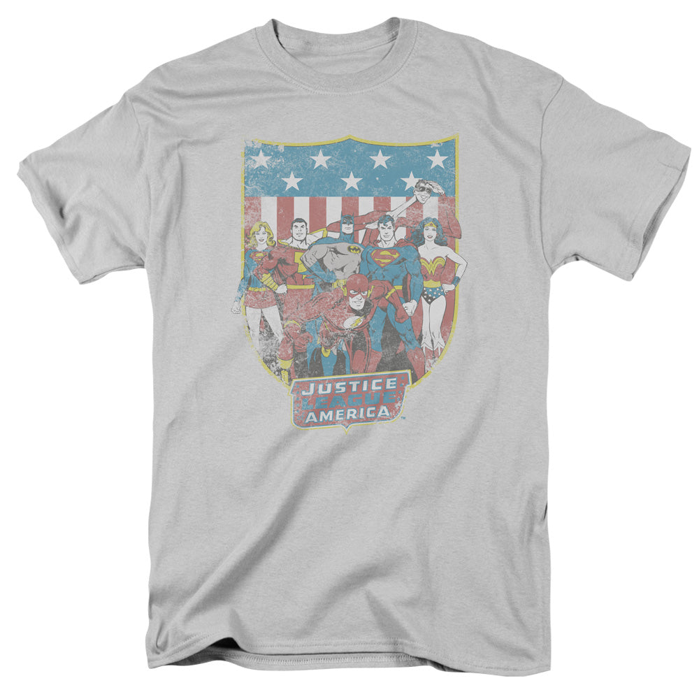 AN OFFCIALLY LICENSED DC JLA AMERICAN SHIELD MEN'S REGULAR FIT T-SHIRT SILVER