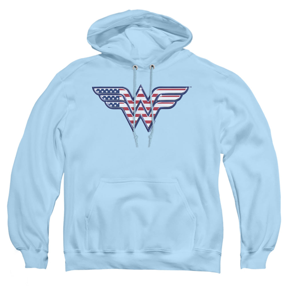 AN OFFCIALLY LICENSED DC RED,WHITE & BLUE ADULT UNISEX PULLOVER HOODIE LIGHT BLUE