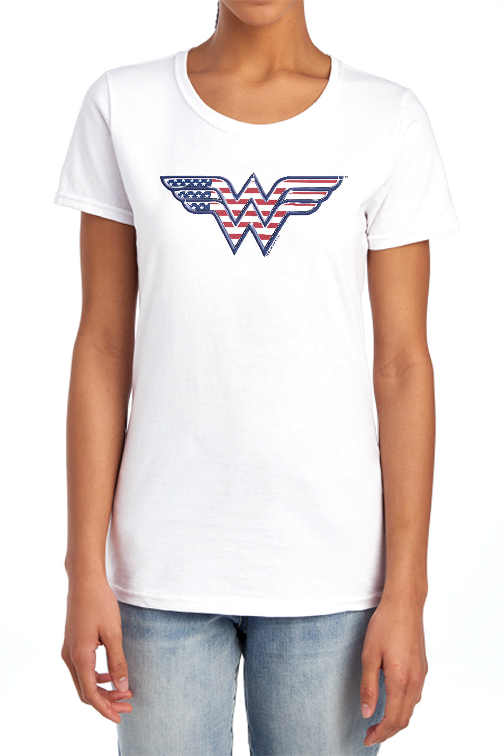 AN OFFCIALLY LICENSED DC RED,WHITE & BLUE WOMEN'S REGULAR FIT T-SHIRT LIGHT BLUE
