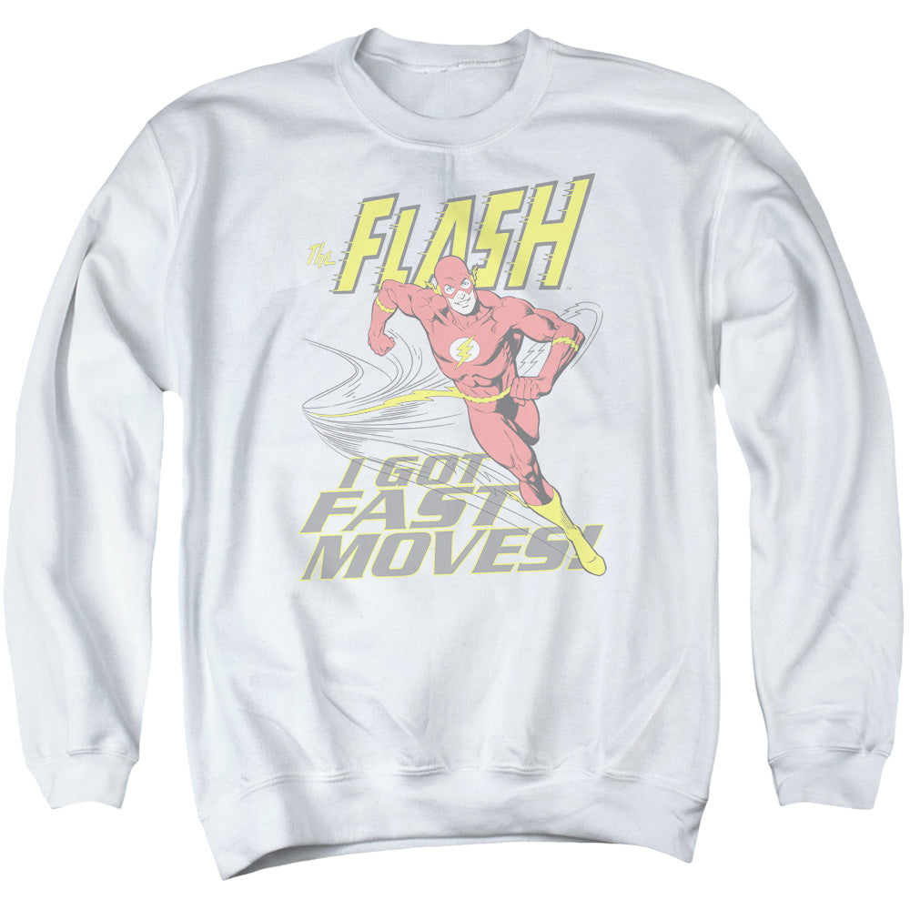 AN OFFCIALLY LICENSED DC FLASH FAST MOVES ADULT UNISEX CREWNECK SWEATSHIRT WHITE