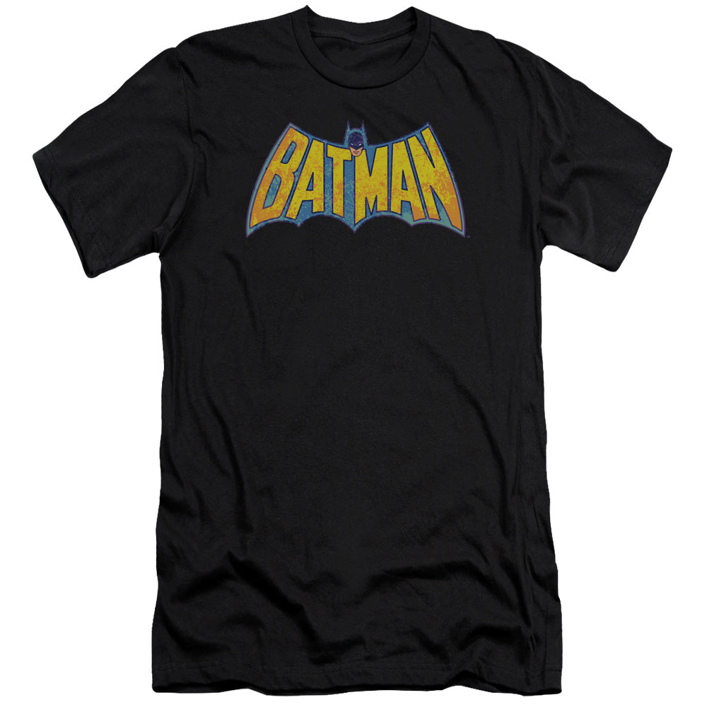 AN OFFCIALLY LICENSED DCO BATMAN NEON DISTRESS LOGO MEN'S PREMIUM SLIM FIT T-SHIRT BLACK