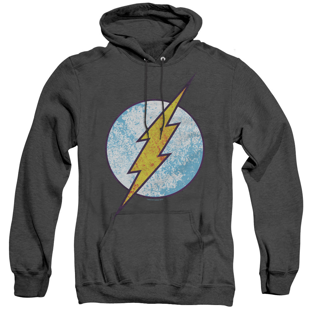 AN OFFCIALLY LICENSED DC FLASH FLASH NEON DISTRESS LOGO ADULT UNISEX HEATHER PULLOVER HOODIE BLACK