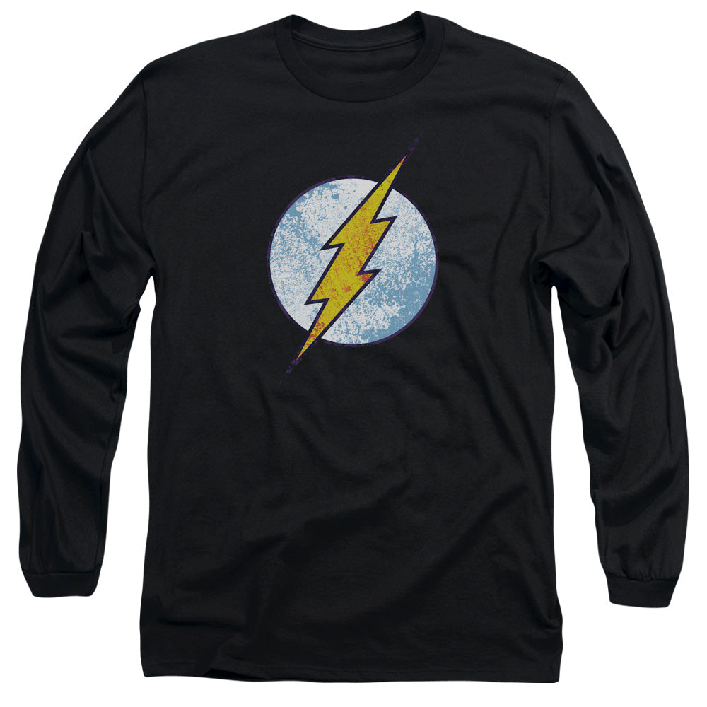 AN OFFCIALLY LICENSED DC FLASH FLASH NEON DISTRESS LOGO MEN'S LONG SLEEVE T-SHIRT BLACK
