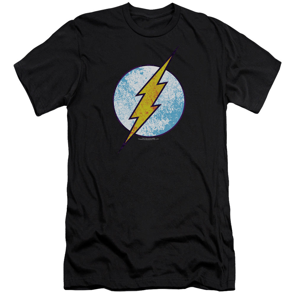 AN OFFCIALLY LICENSED DC FLASH FLASH NEON DISTRESS LOGO MEN'S PREMIUM SLIM FIT T-SHIRT BLACK