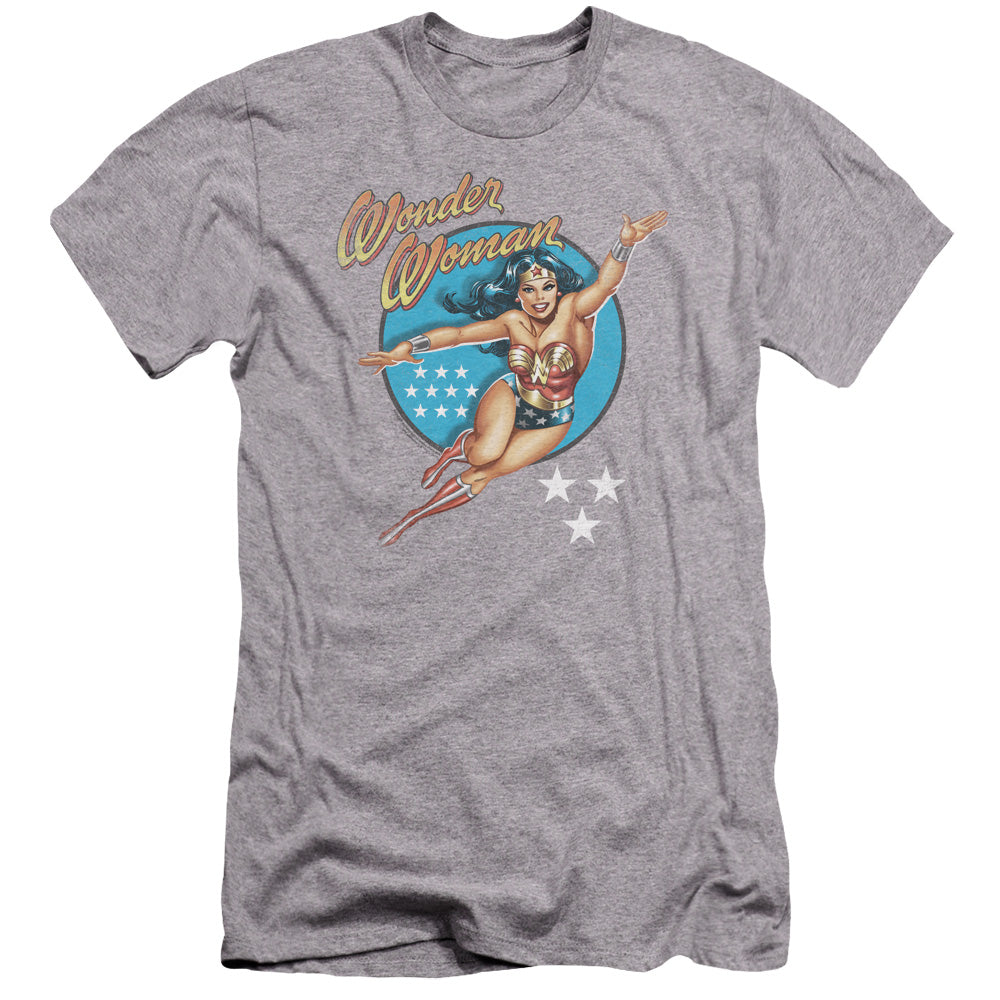 AN OFFCIALLY LICENSED DCO WONDER WOMAN VINTAGE MEN'S PREMIUM SLIM FIT T-SHIRT ATHLETIC HEATHER