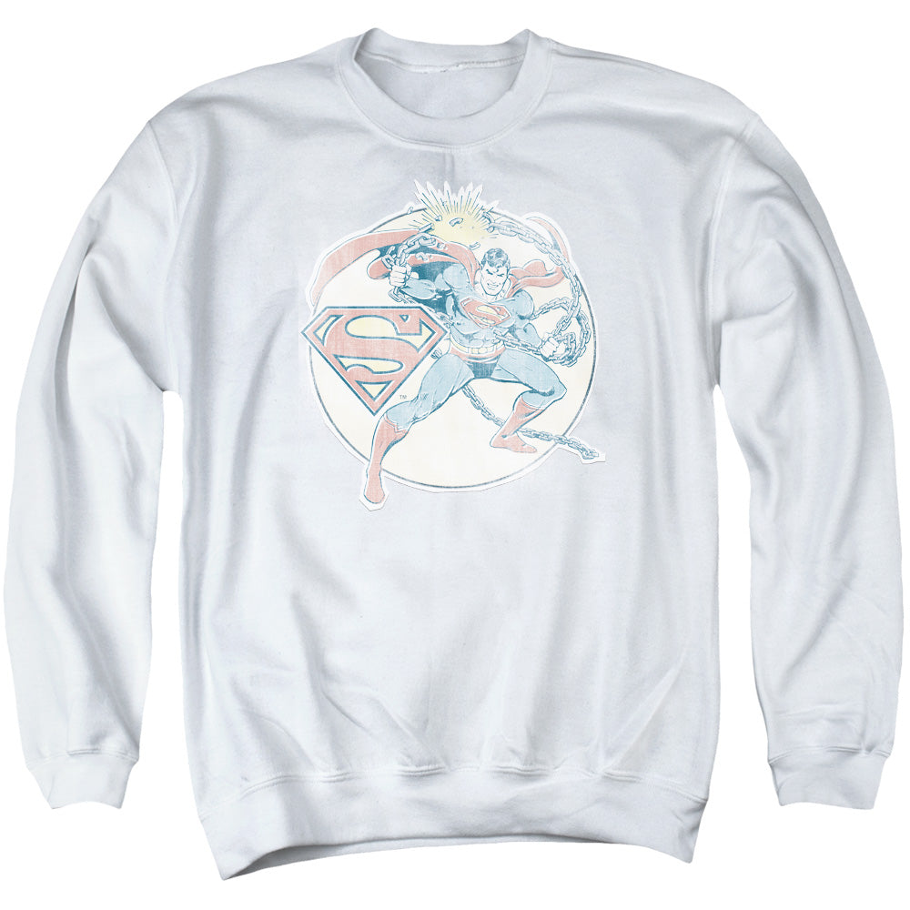 AN OFFCIALLY LICENSED DCO RETRO SUPERMAN IRON ON ADULT UNISEX CREWNECK SWEATSHIRT WHITE