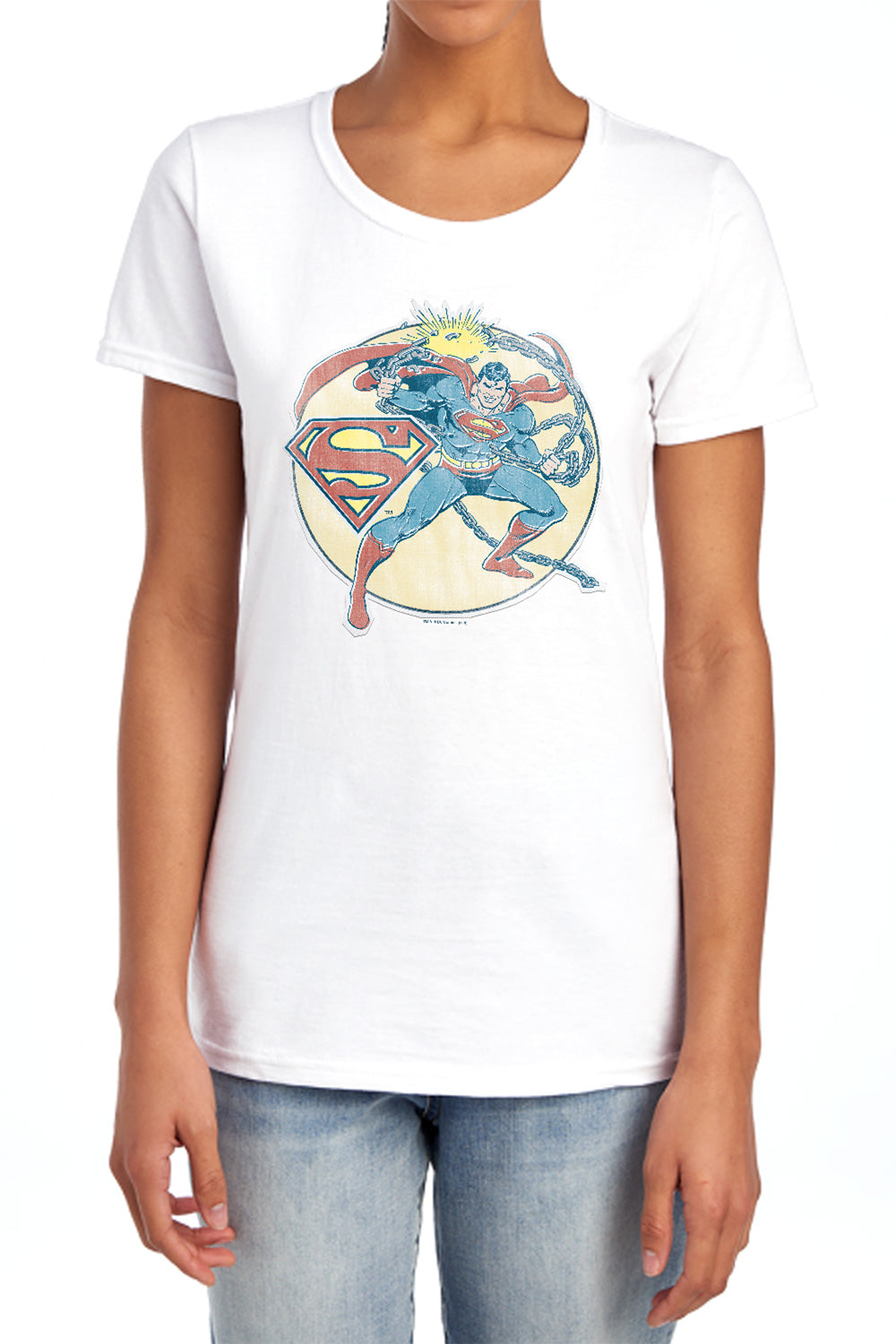 AN OFFCIALLY LICENSED DCO RETRO SUPERMAN IRON ON WOMEN'S REGULAR FIT T-SHIRT WHITE