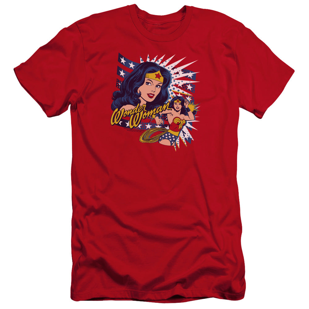 AN OFFCIALLY LICENSED DCO POP ART WONDER MEN'S PREMIUM SLIM FIT T-SHIRT RED