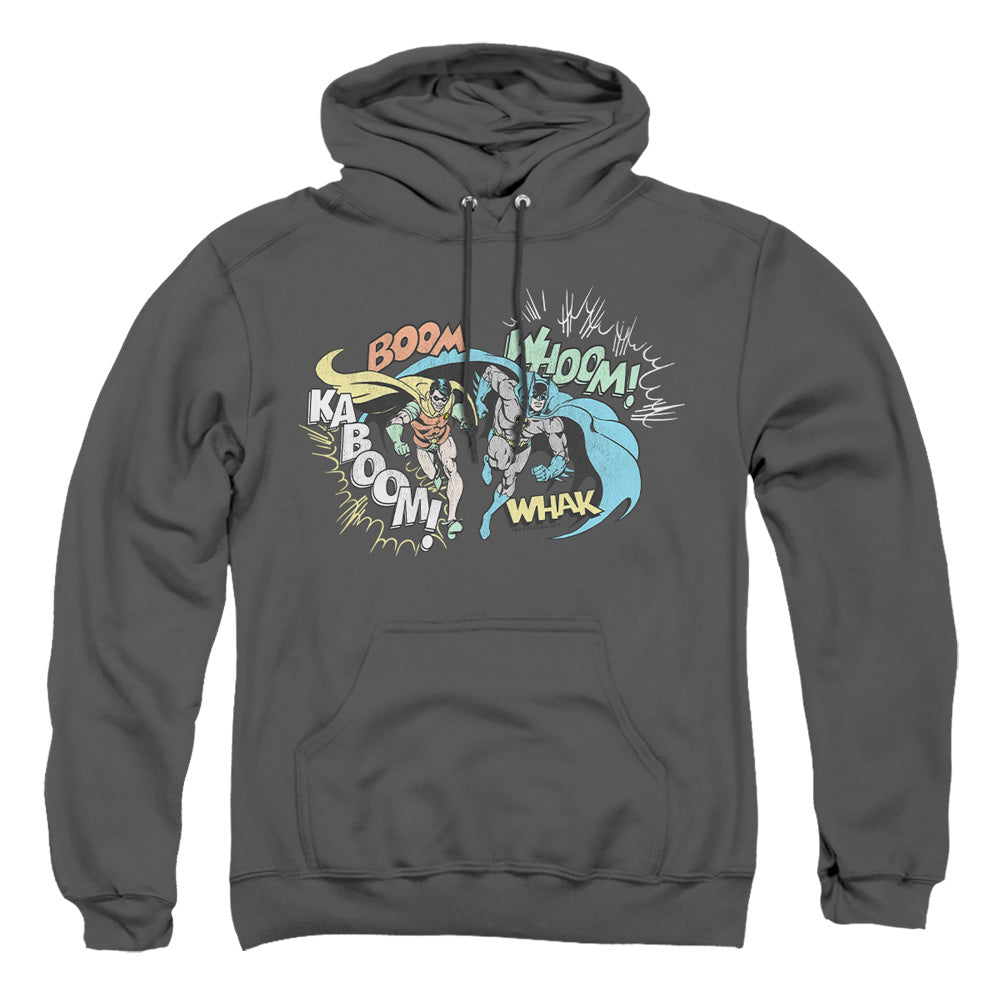 AN OFFCIALLY LICENSED DCO ACTION DUO ADULT UNISEX PULLOVER HOODIE CHARCOAL
