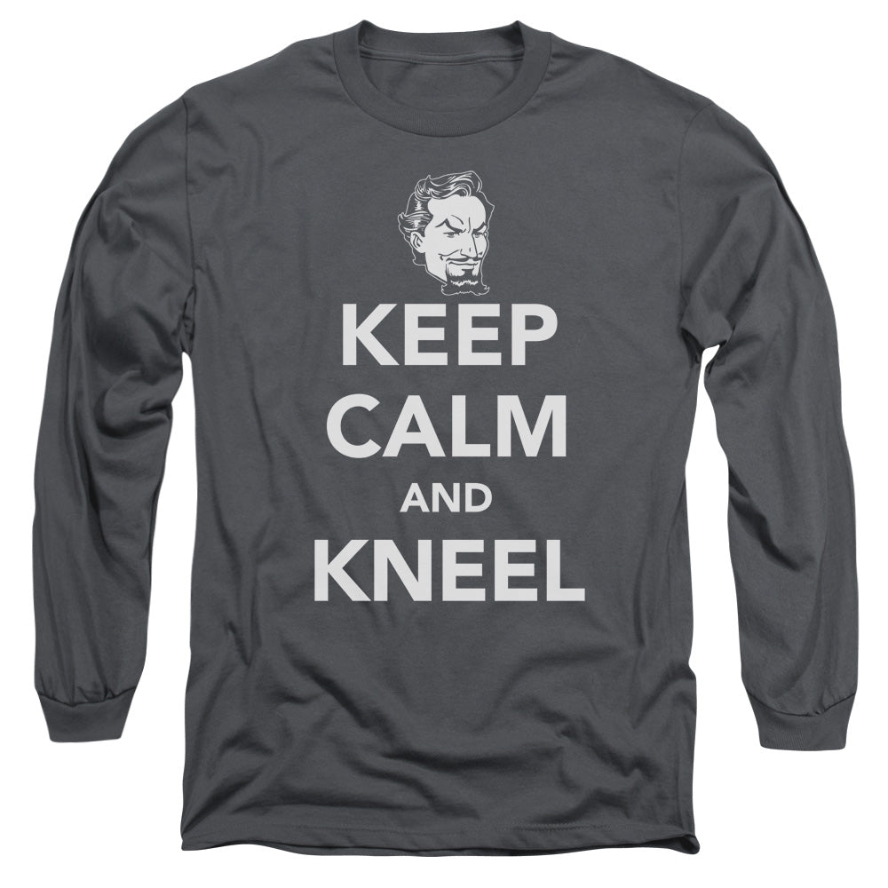 AN OFFCIALLY LICENSED DC KEEP CALM AND KNEEL MEN'S LONG SLEEVE T-SHIRT CHARCOAL