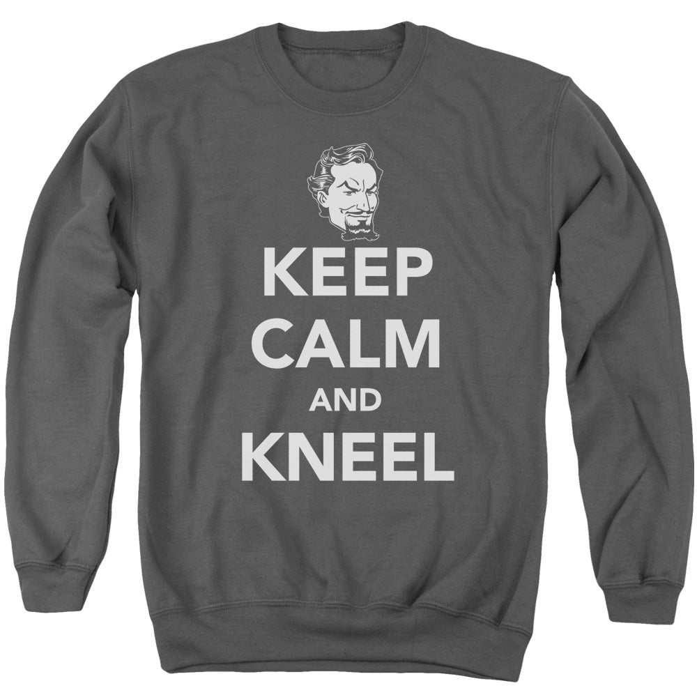 AN OFFCIALLY LICENSED DC KEEP CALM AND KNEEL ADULT UNISEX CREWNECK SWEATSHIRT CHARCOAL