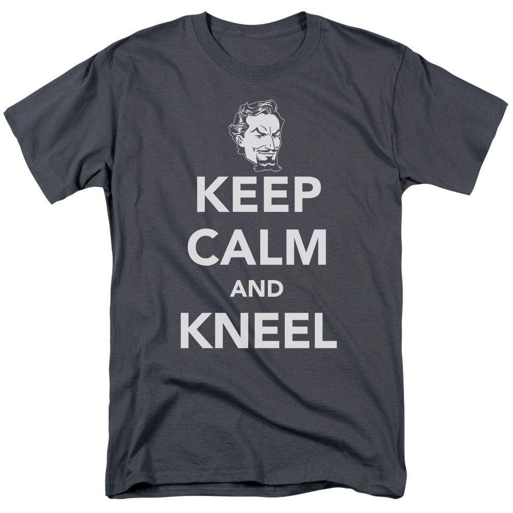 AN OFFCIALLY LICENSED DC KEEP CALM AND KNEEL MEN'S REGULAR FIT T-SHIRT CHARCOAL