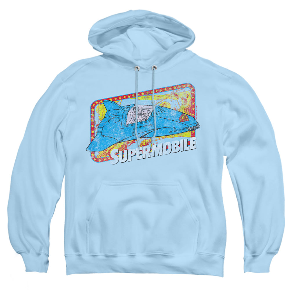 AN OFFCIALLY LICENSED DC SUPERMOBILE ADULT UNISEX PULLOVER HOODIE LIGHT BLUE