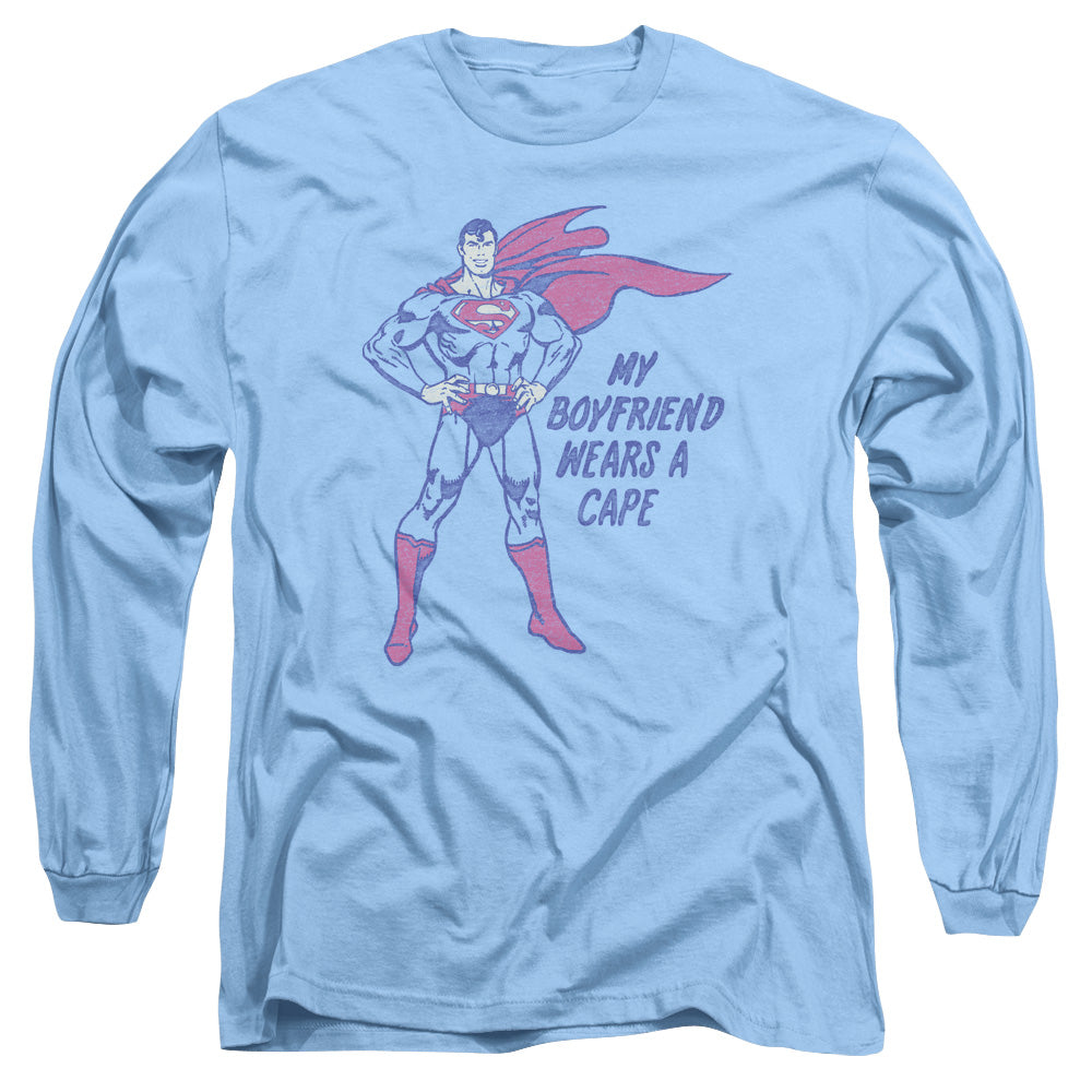 AN OFFCIALLY LICENSED DC WEARS A CAPE MEN'S LONG SLEEVE T-SHIRT CAROLINA BLUE