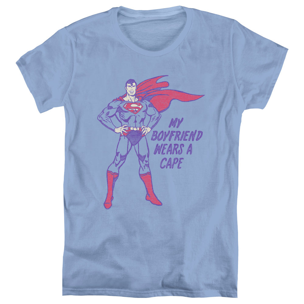 AN OFFCIALLY LICENSED DC WEARS A CAPE WOMEN'S REGULAR FIT T-SHIRT CAROLINA BLUE
