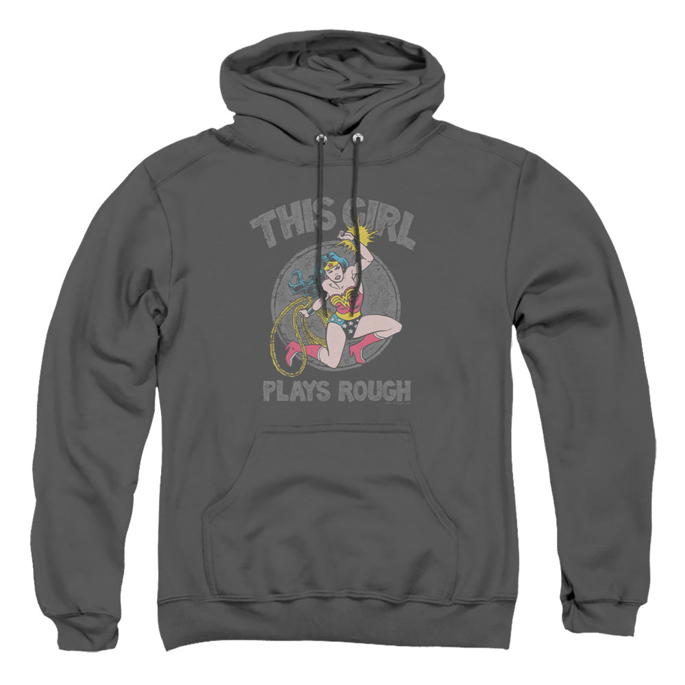 AN OFFCIALLY LICENSED DC PLAYS ROUGH ADULT UNISEX PULLOVER HOODIE CHARCOAL