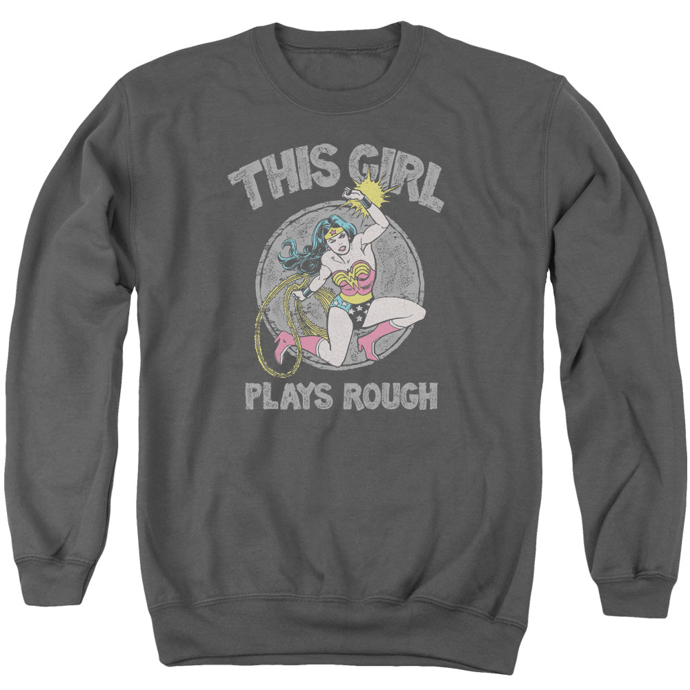 AN OFFCIALLY LICENSED DC PLAYS ROUGH ADULT UNISEX CREWNECK SWEATSHIRT CHARCOAL