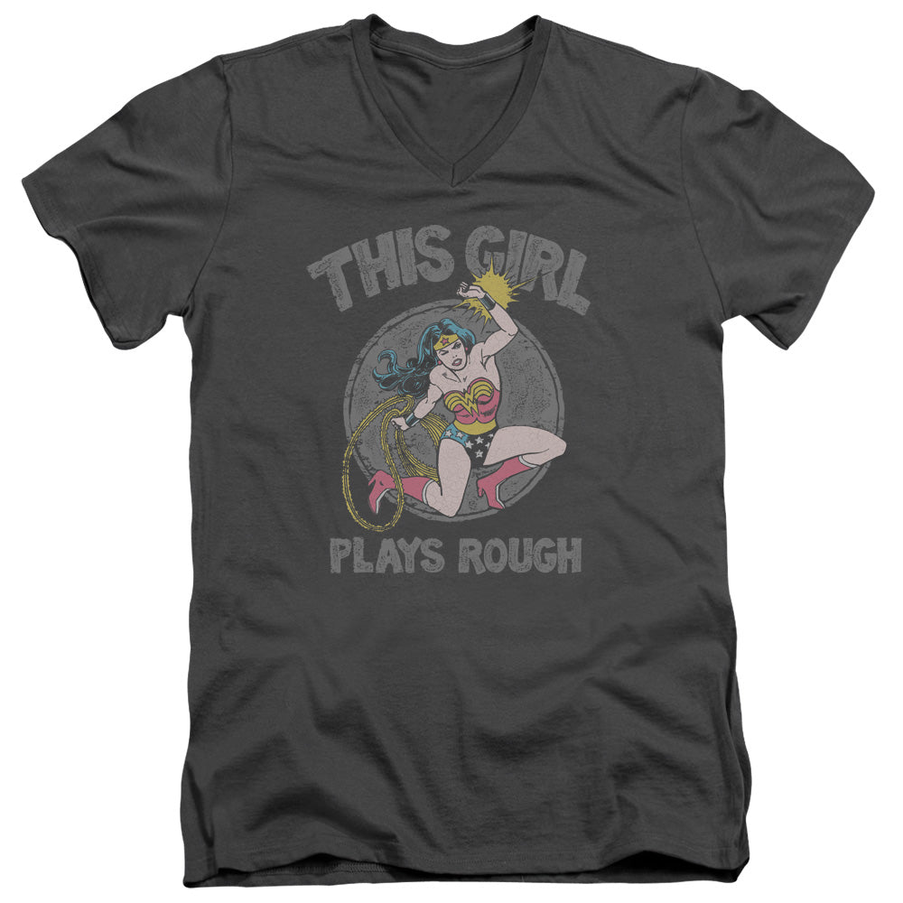 AN OFFCIALLY LICENSED DC PLAYS ROUGH MEN'S V-NECK T-SHIRT CHARCOAL