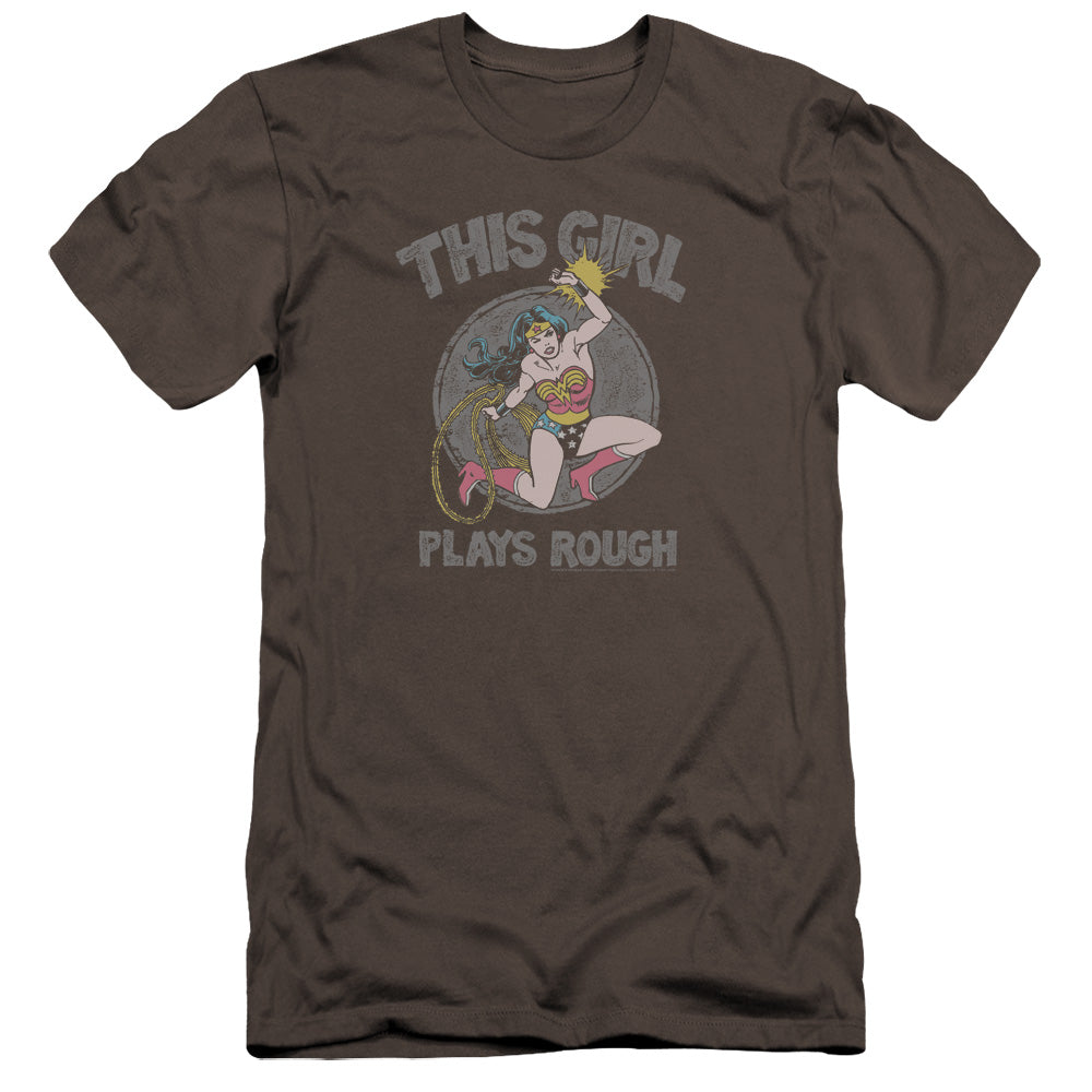 AN OFFCIALLY LICENSED DC PLAYS ROUGH MEN'S PREMIUM SLIM FIT T-SHIRT CHARCOAL