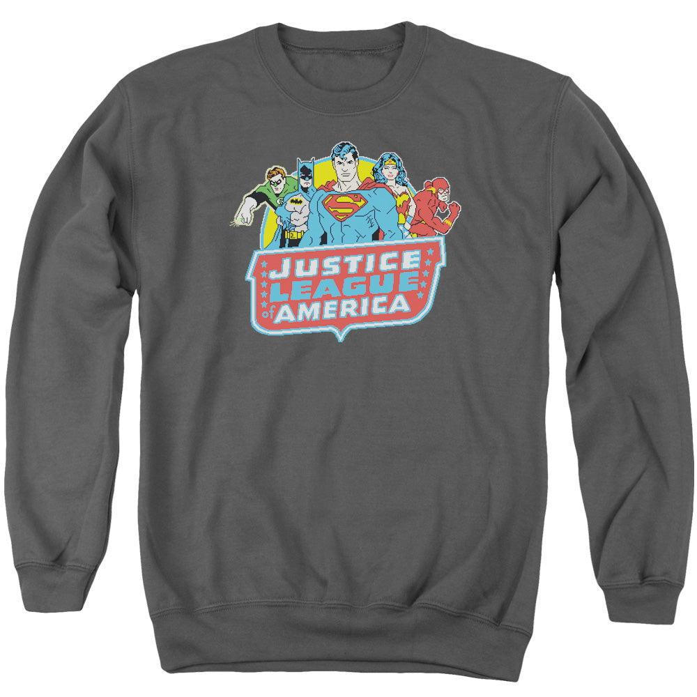 AN OFFCIALLY LICENSED DC 8 BIT LEAGUE ADULT UNISEX CREWNECK SWEATSHIRT CHARCOAL