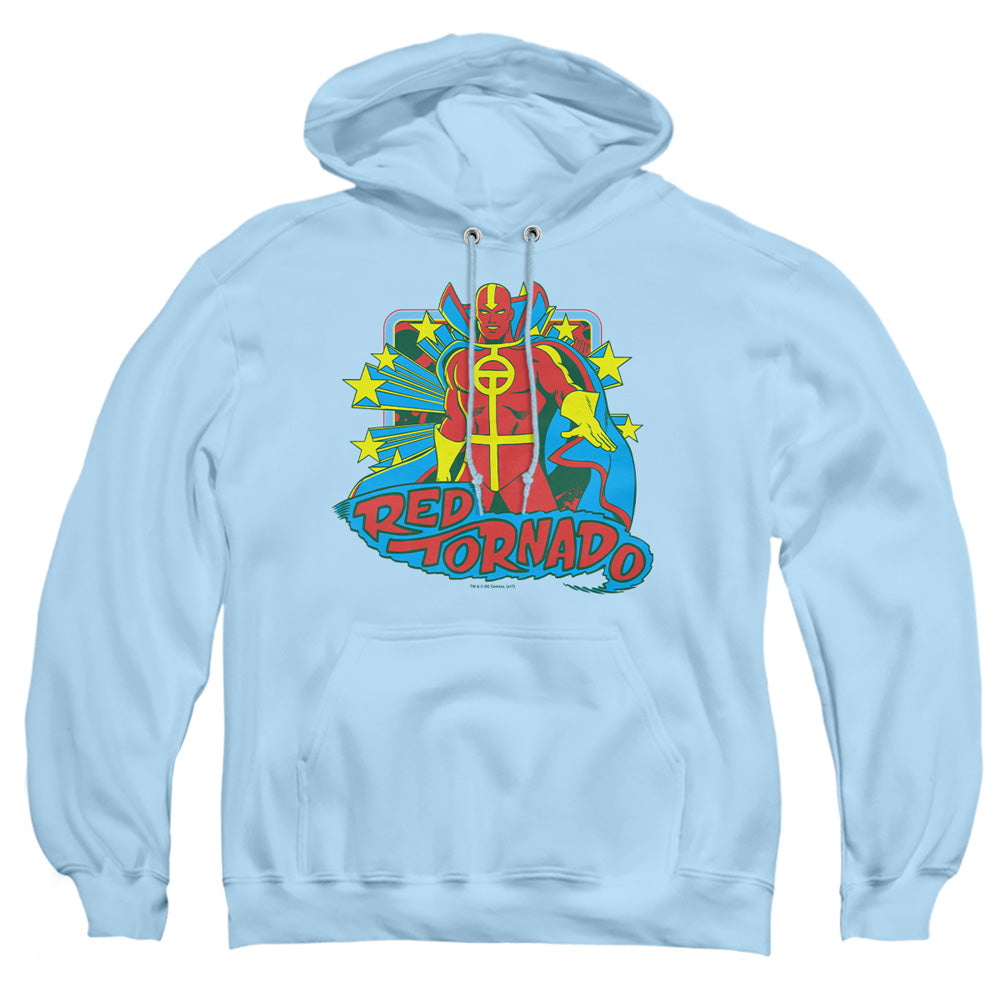 AN OFFCIALLY LICENSED DC RED TORNADO STARS ADULT UNISEX PULLOVER HOODIE LIGHT BLUE