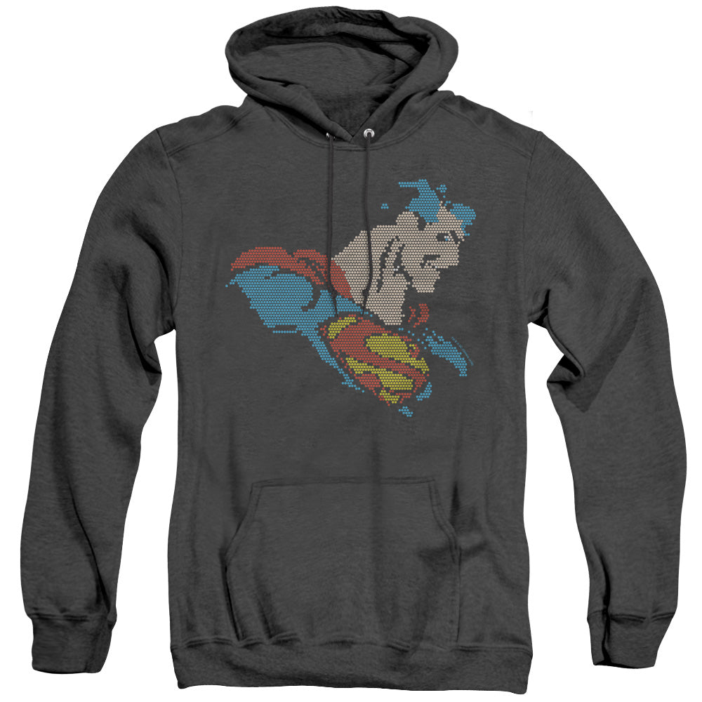 AN OFFCIALLY LICENSED DC LITE BRITE SUPERMAN ADULT UNISEX HEATHER PULLOVER HOODIE BLACK