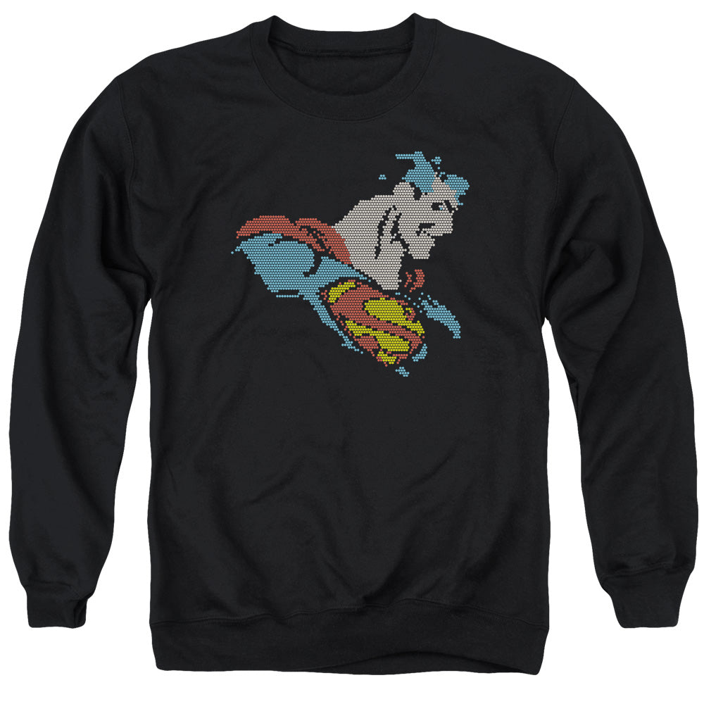 AN OFFCIALLY LICENSED DC LITE BRITE SUPERMAN ADULT UNISEX CREWNECK SWEATSHIRT BLACK