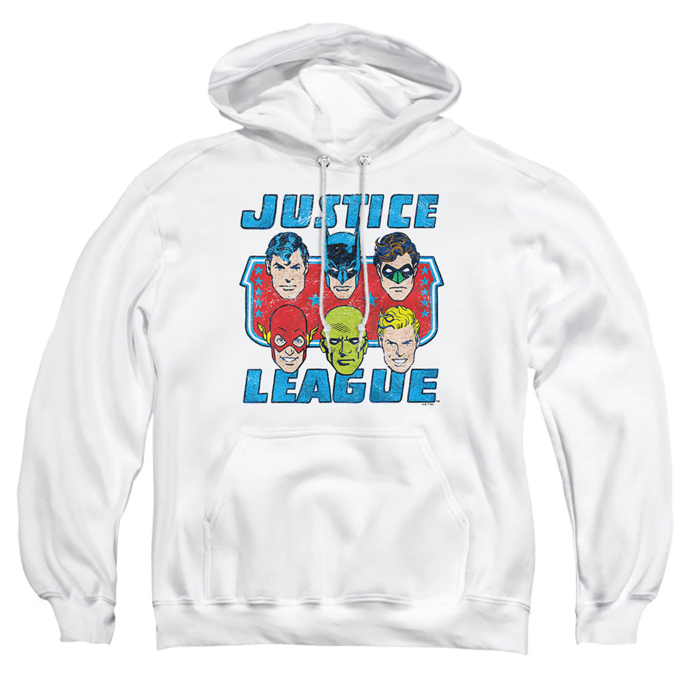 AN OFFCIALLY LICENSED DC FACES OF JUSTICE ADULT UNISEX PULLOVER HOODIE WHITE