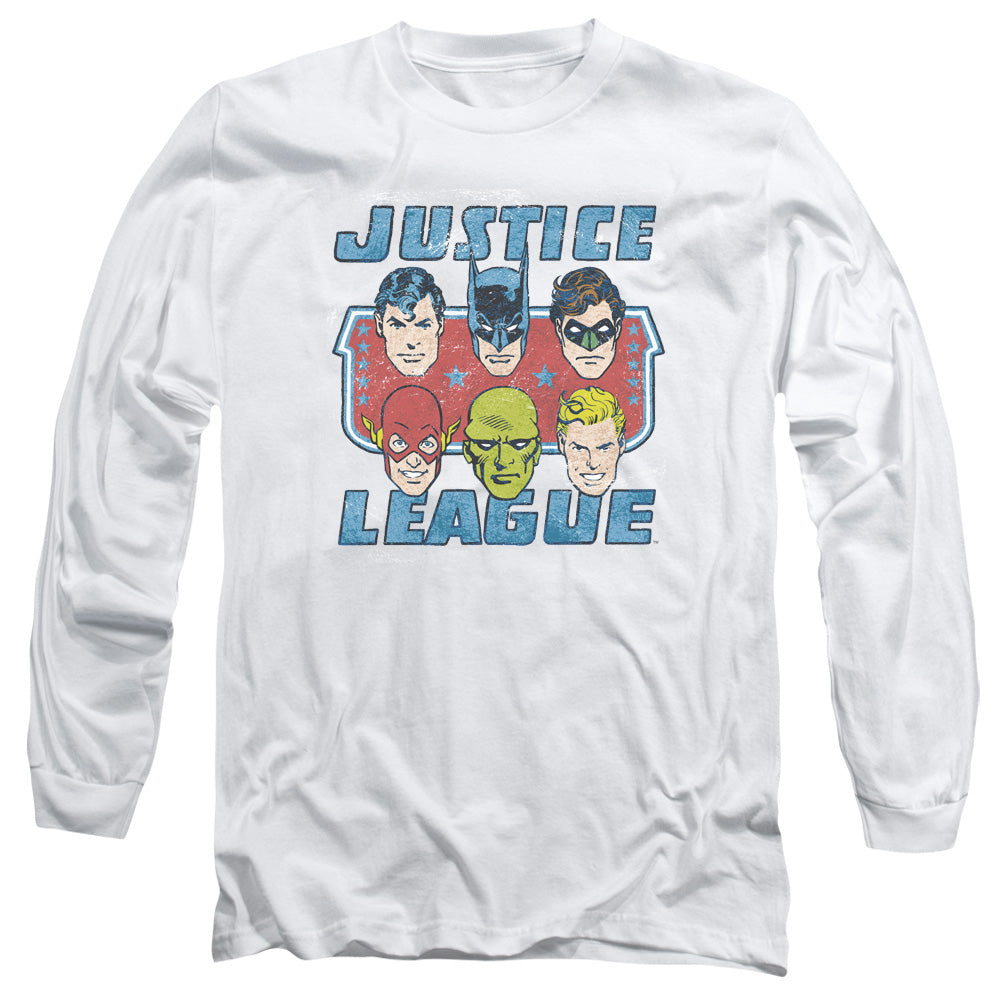 AN OFFCIALLY LICENSED DC FACES OF JUSTICE MEN'S LONG SLEEVE T-SHIRT WHITE