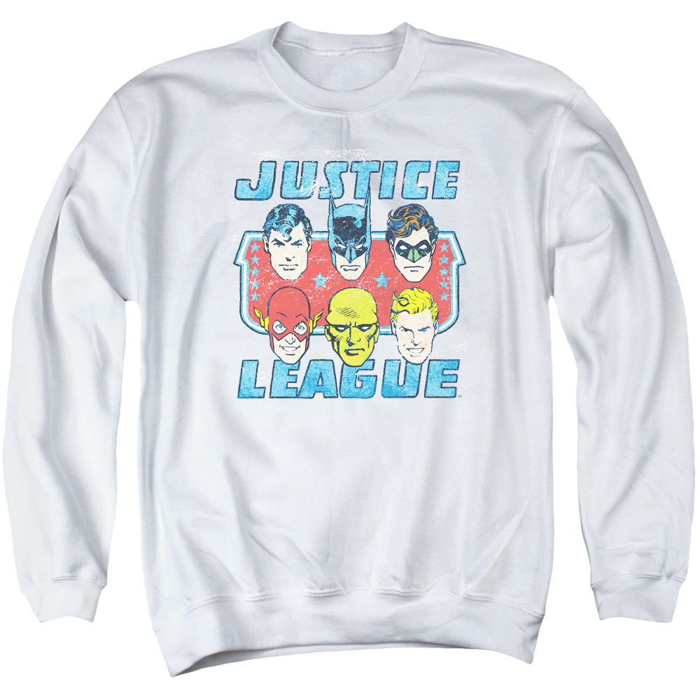 AN OFFCIALLY LICENSED DC FACES OF JUSTICE ADULT UNISEX CREWNECK SWEATSHIRT WHITE