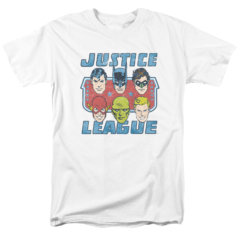 AN OFFCIALLY LICENSED DC FACES OF JUSTICE MEN'S REGULAR FIT T-SHIRT WHITE