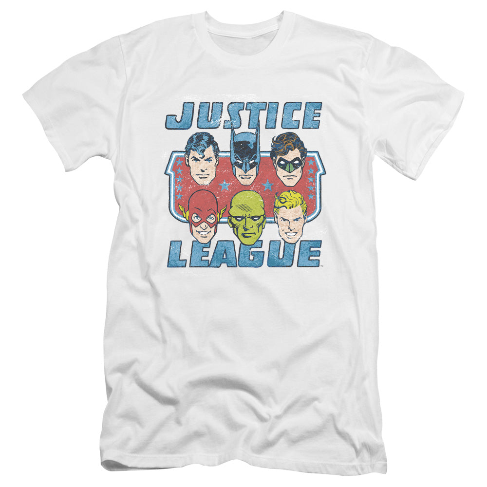 AN OFFCIALLY LICENSED DC FACES OF JUSTICE MEN'S PREMIUM SLIM FIT T-SHIRT WHITE