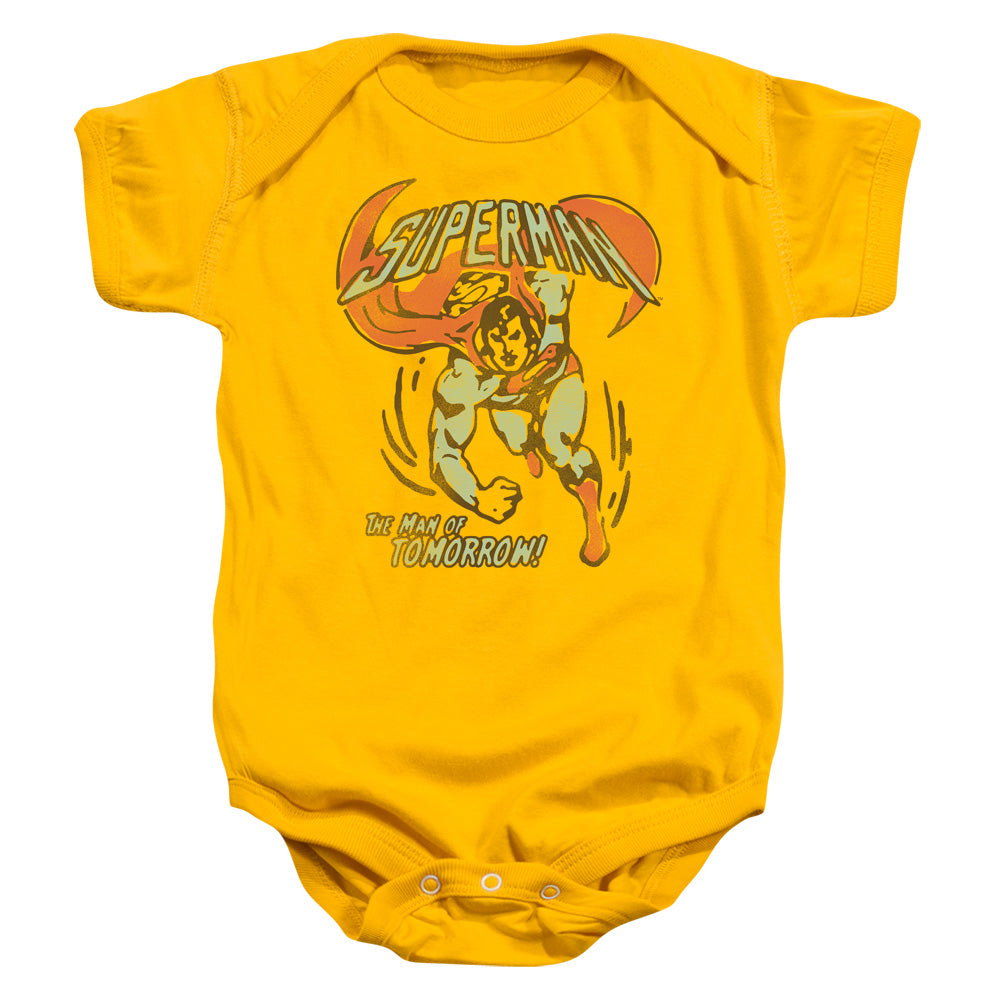 AN OFFCIALLY LICENSED DC TOMORROW MAN BABY BODYSUIT GOLD