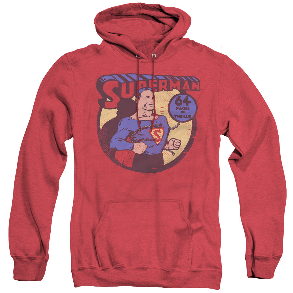 AN OFFCIALLY LICENSED DC SUPERMAN 64 ADULT UNISEX HEATHER PULLOVER HOODIE RED