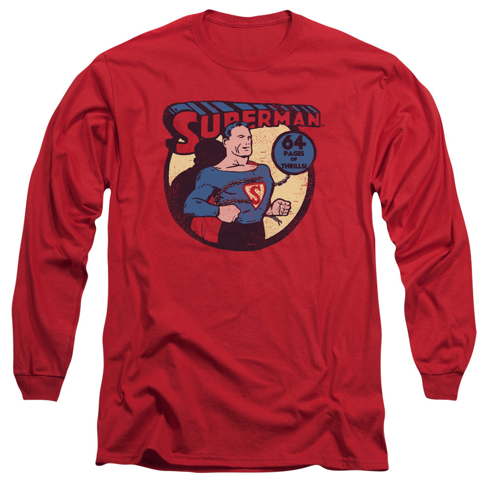 AN OFFCIALLY LICENSED DC SUPERMAN 64 MEN'S LONG SLEEVE T-SHIRT RED