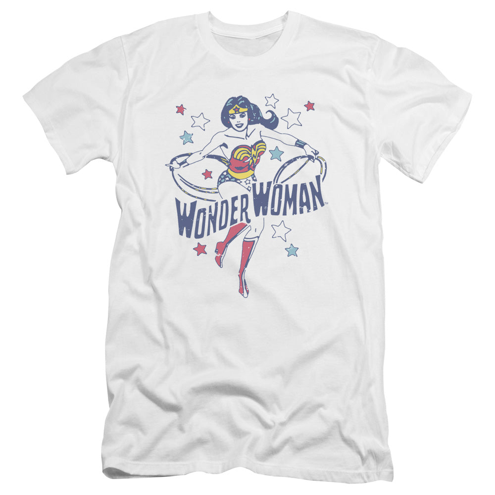 AN OFFCIALLY LICENSED DC WONDER STARS MEN'S PREMIUM SLIM FIT T-SHIRT WHITE