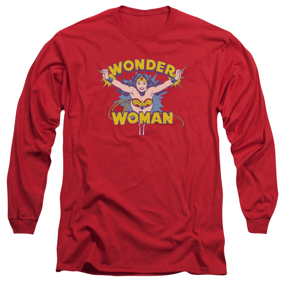 AN OFFCIALLY LICENSED DC FLYING THROUGH MEN'S LONG SLEEVE T-SHIRT RED