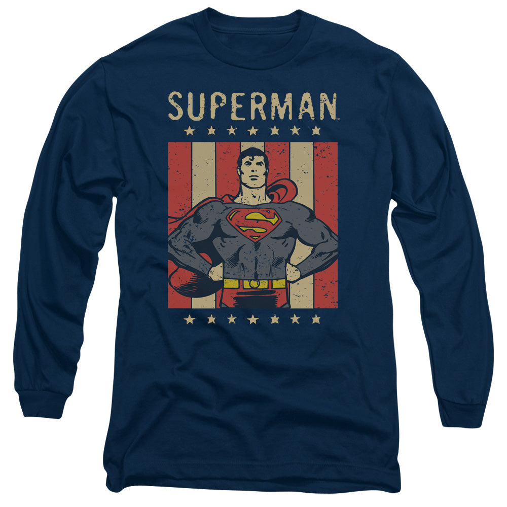 AN OFFCIALLY LICENSED DC RETRO LIBERTY MEN'S LONG SLEEVE T-SHIRT NAVY