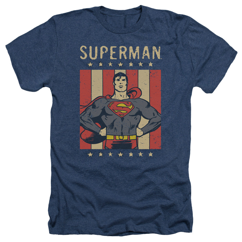 AN OFFCIALLY LICENSED DC RETRO LIBERTY MEN'S HEATHER T-SHIRT NAVY