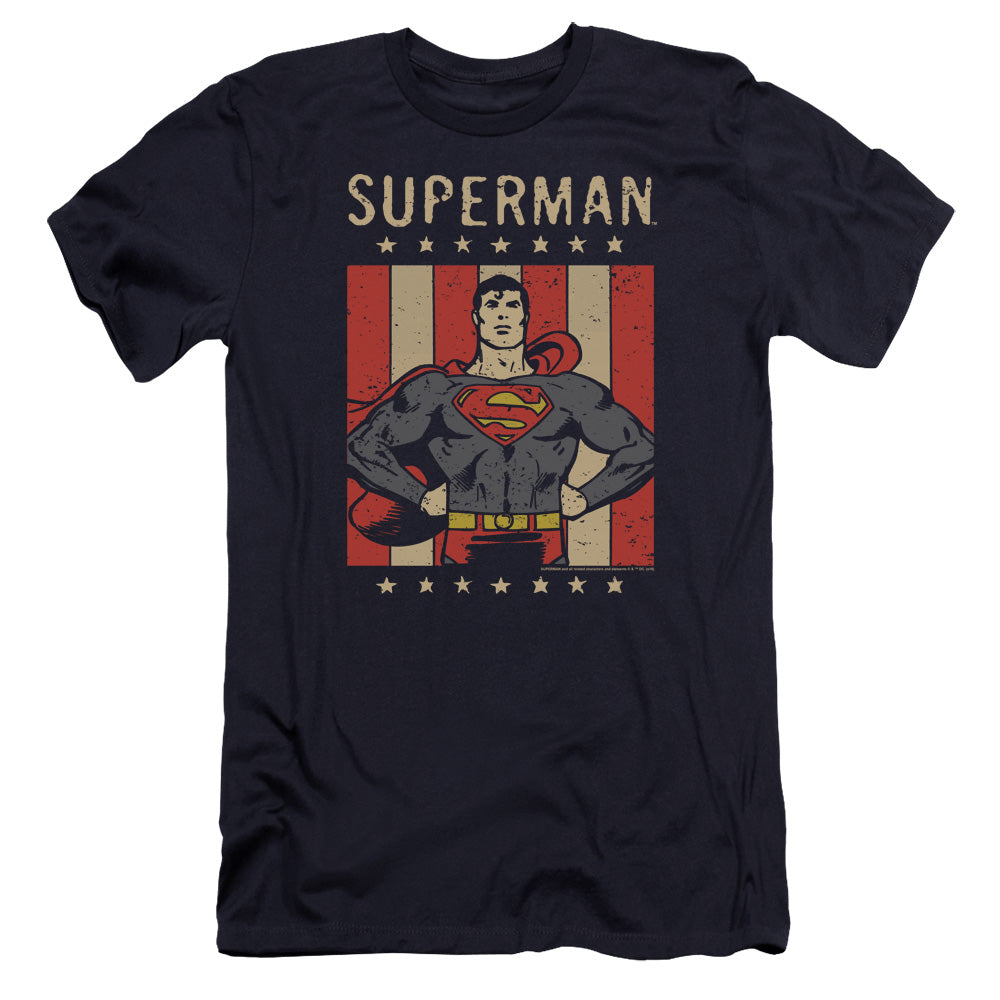 AN OFFCIALLY LICENSED DC RETRO LIBERTY MEN'S PREMIUM SLIM FIT T-SHIRT NAVY